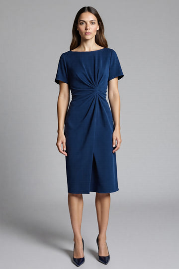 Navy Sheath Short Sleeve Midi Dress